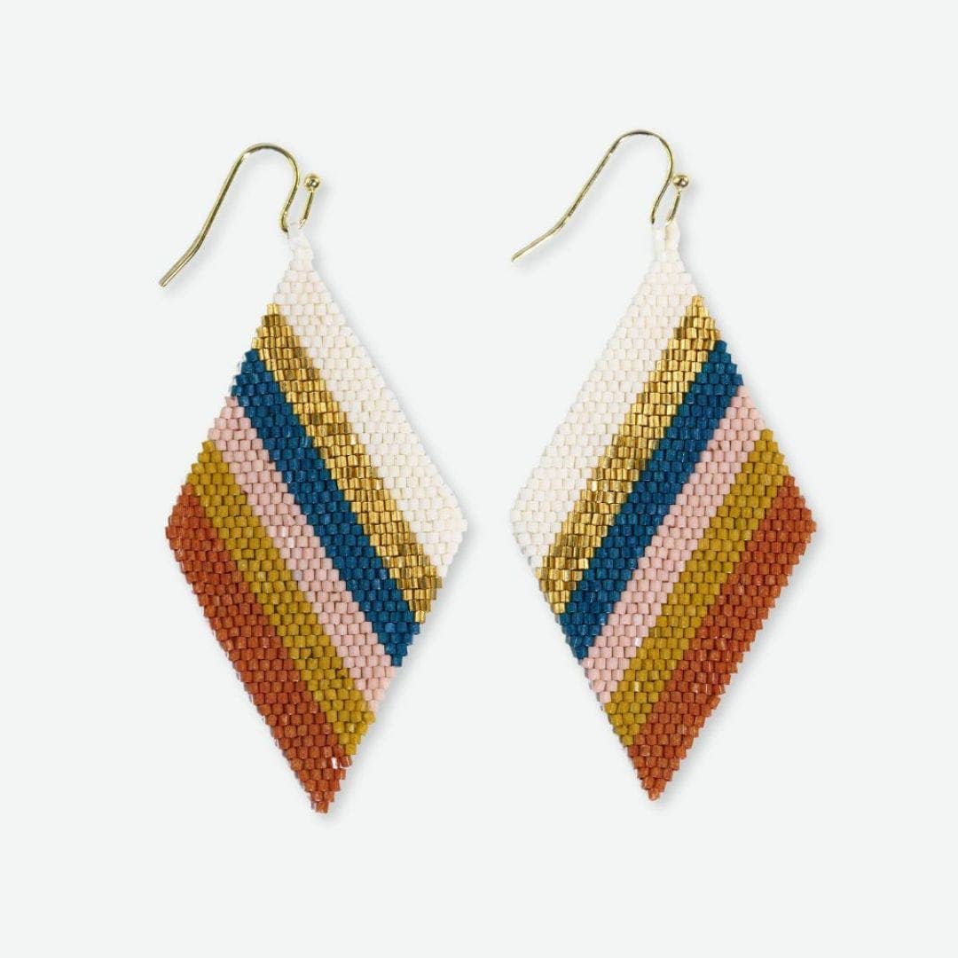 Pair of beaded earrings with diamond shape and multicolor pattern on a white background