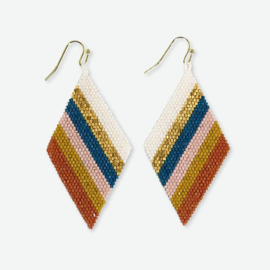 Pair of beaded earrings with diamond shape and multicolor pattern on a white background