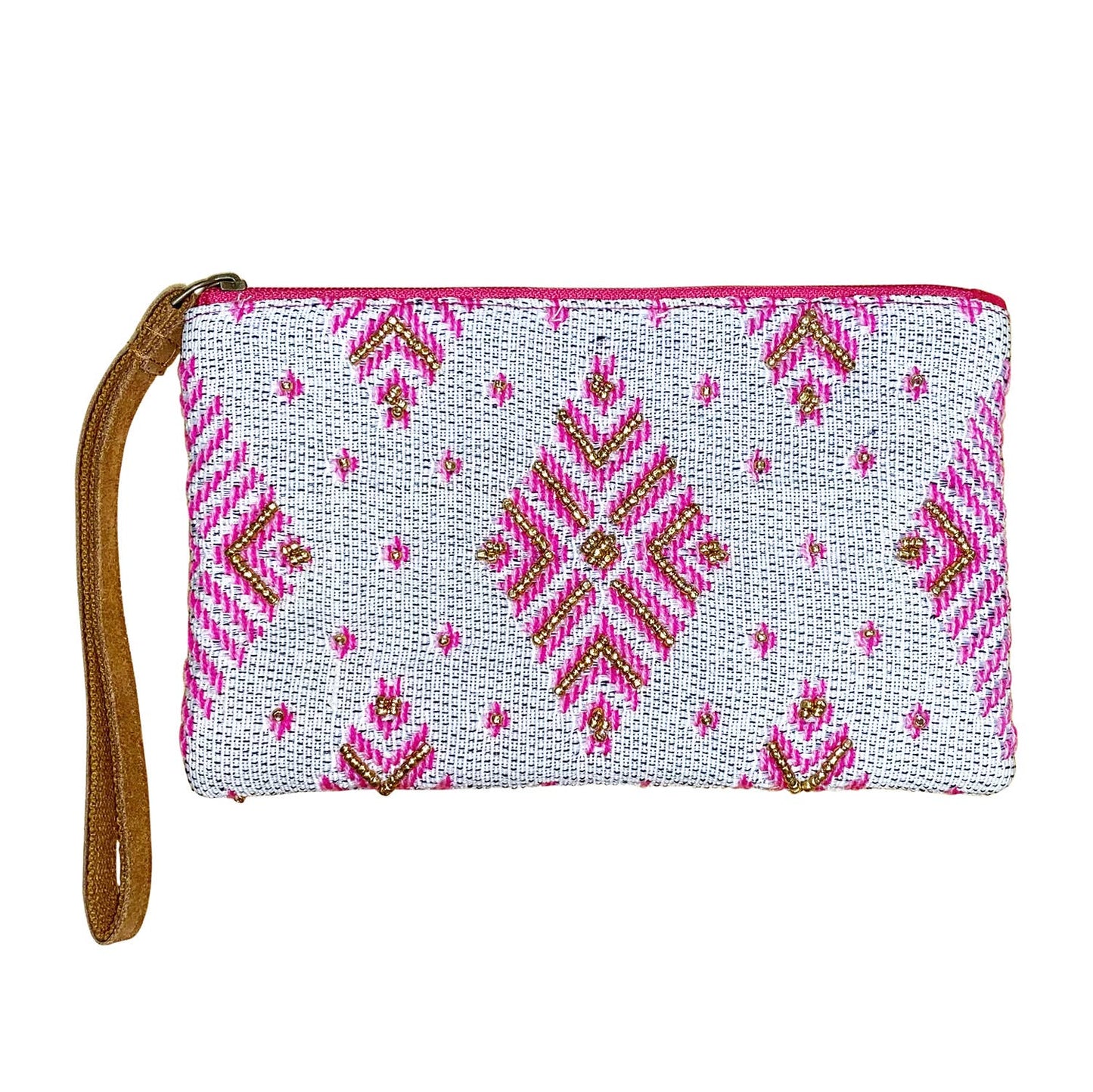 Wristlet with pink and gold geometric pattern on a white background