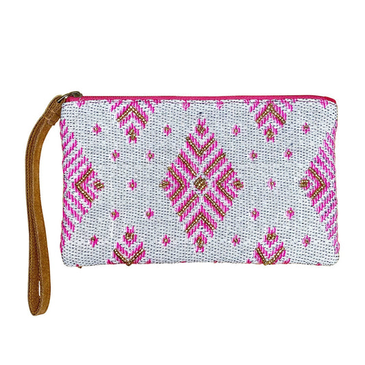 Wristlet with pink and gold geometric pattern on a white background
