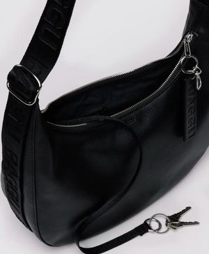 Medium Recycled Leather Crescent Bag - Black