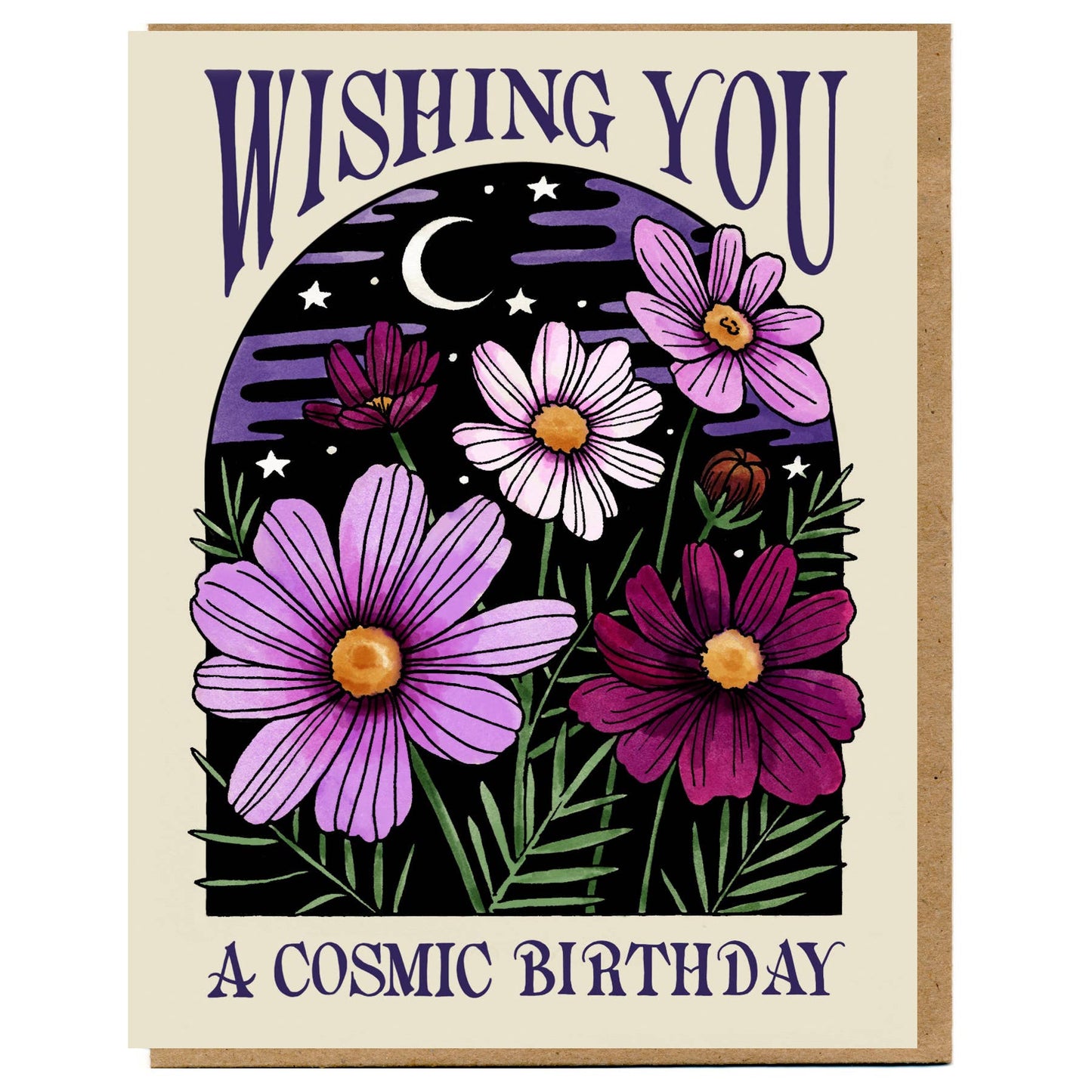 Greeting card with cosmic-themed design featuring flowers and stars, text 'Wishing you a cosmic birthday'.