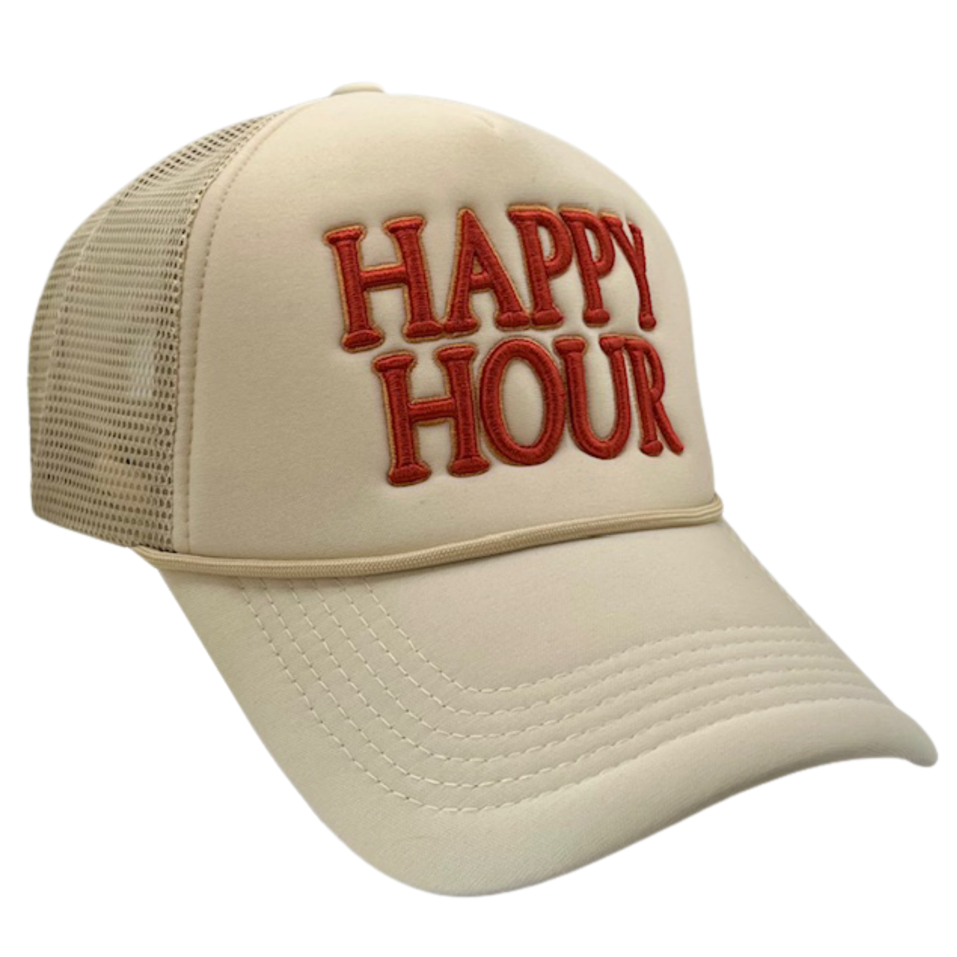 Beige cap with 'Happy Hour' in red on a white background