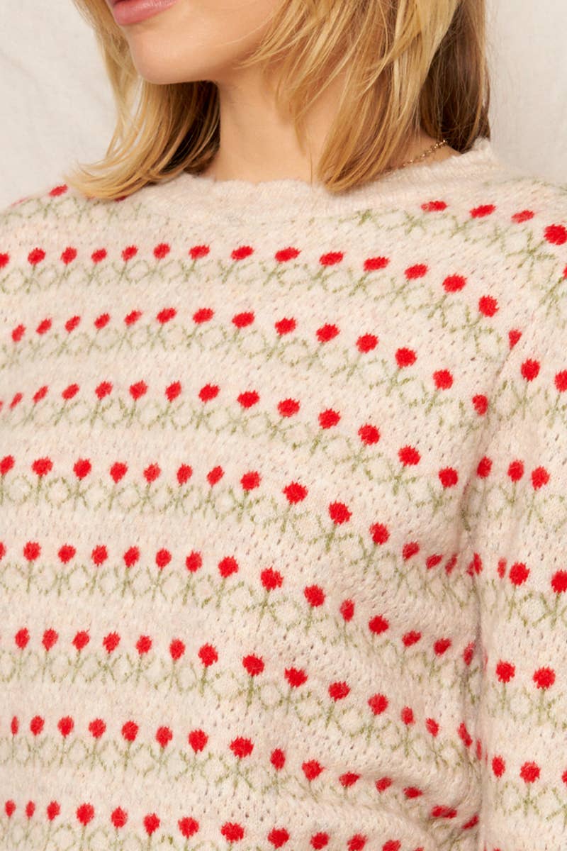 Close-up of a sweater with red floral pattern