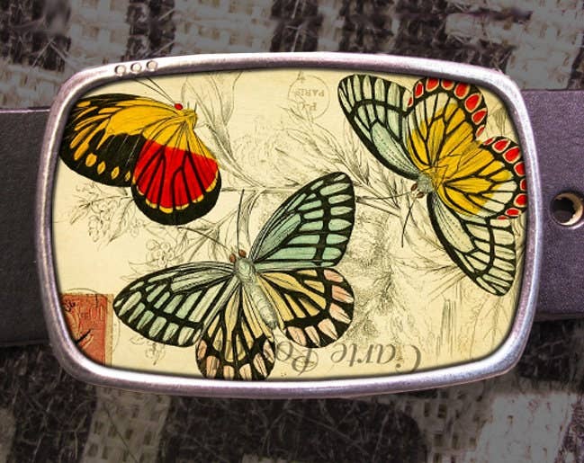 Vintage Butterfly Postcard Belt Buckle