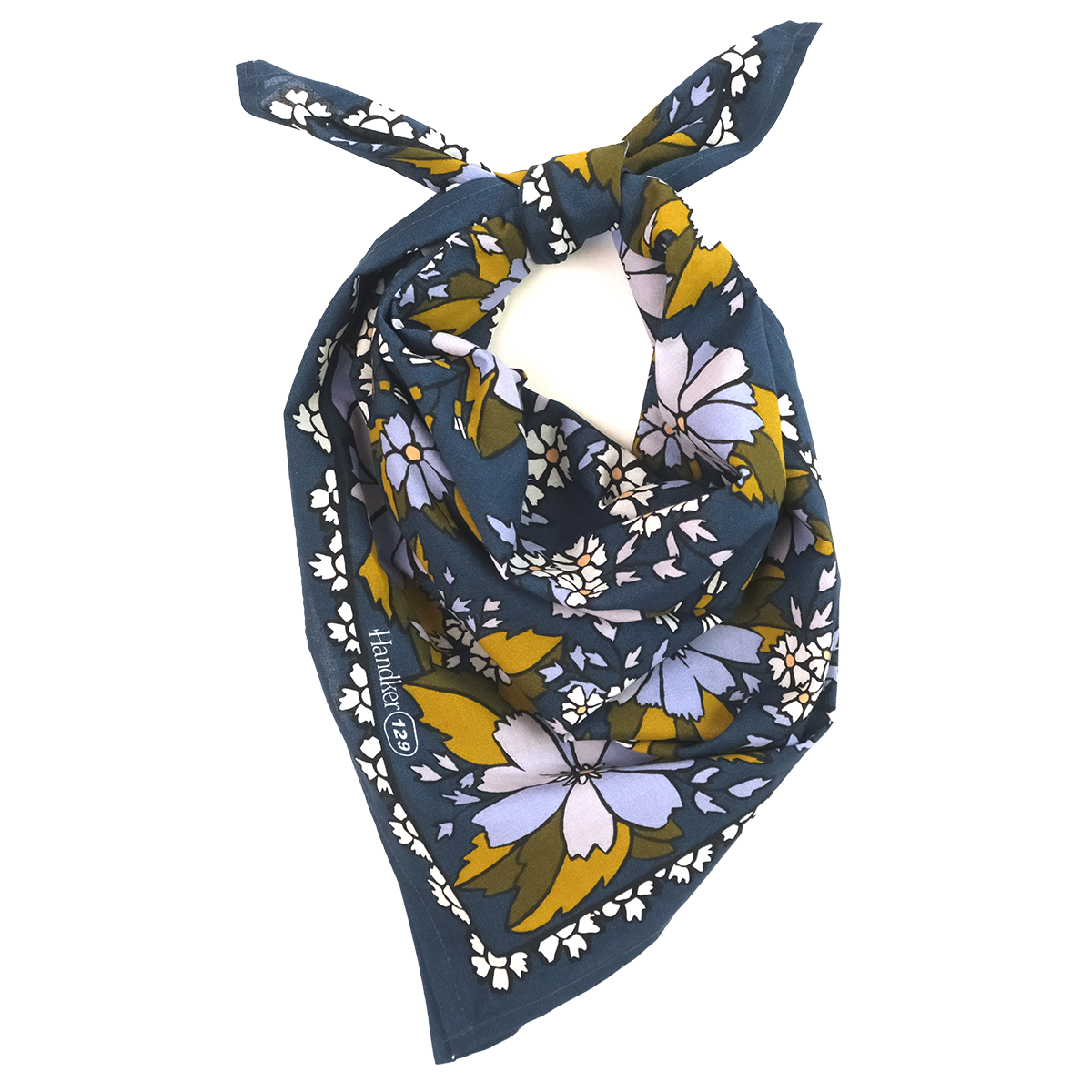 Floral patterned bandana with a blue border on a white background
