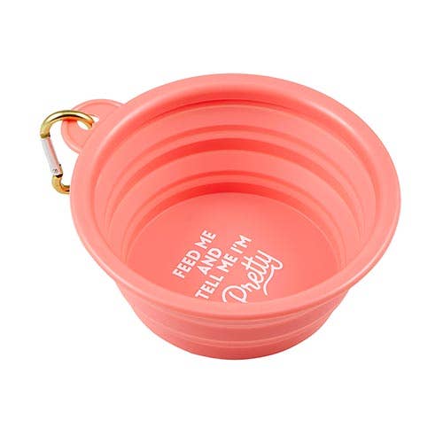 Pink collapsible dog bowl with a carabiner on a white background