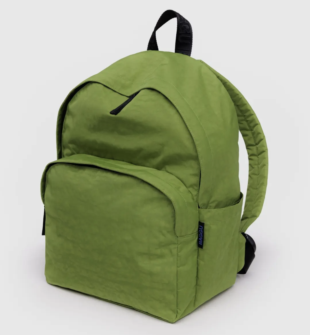 Baggu backpack in recycled nylon, front view showing zip pocket and sleek design.