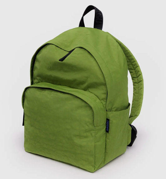 Baggu backpack in recycled nylon, front view showing zip pocket and sleek design.