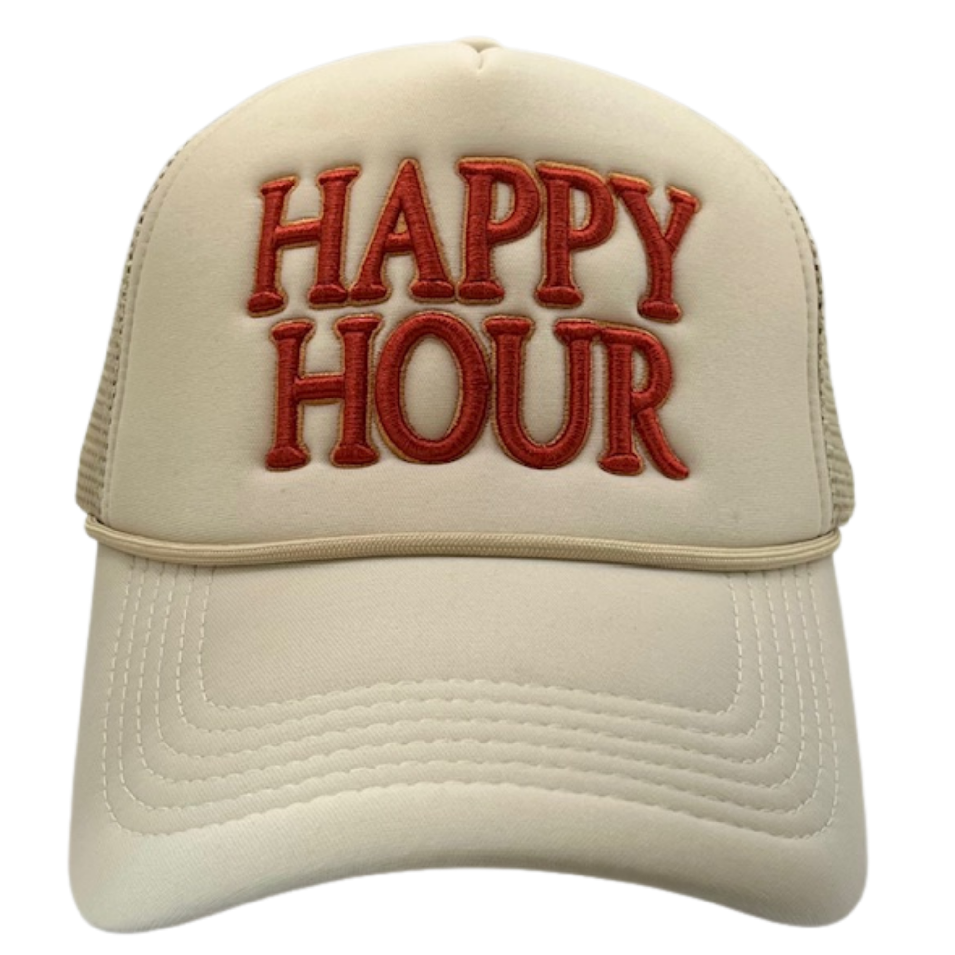 Beige cap with 'Happy Hour' in red on a white background