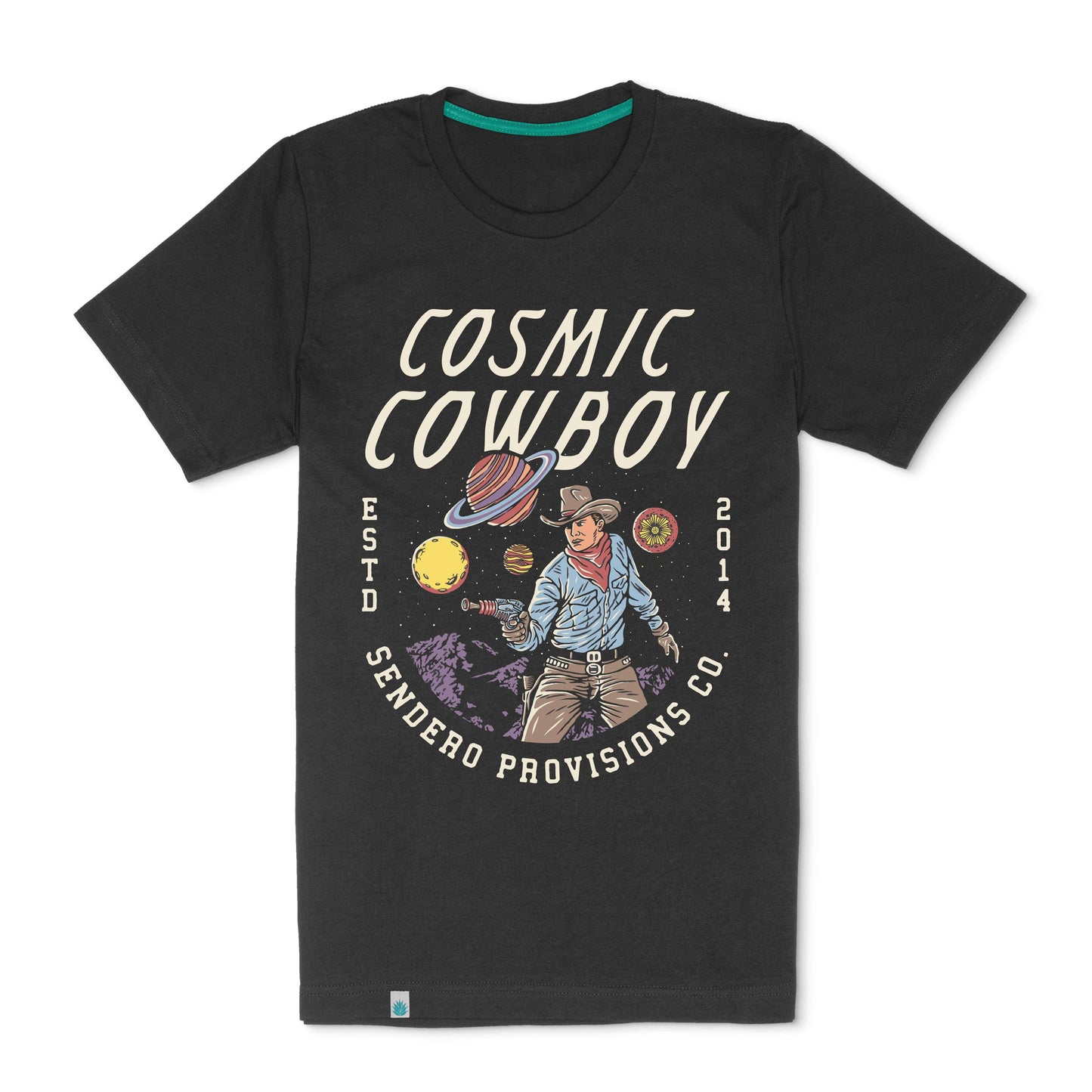 Black t-shirt with 'Cosmic Cowboy' graphic design on a white background