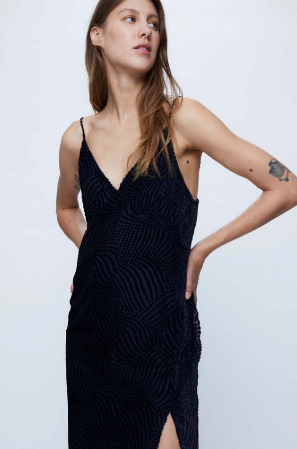 Devoré Velvet Midi Slip Dress - Navy Blue