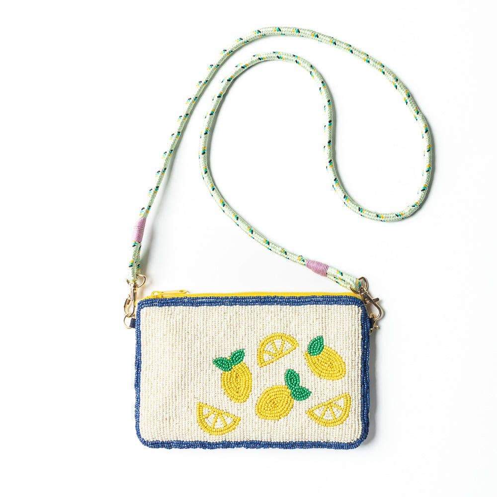 Small pouch with lemon designs on a white background