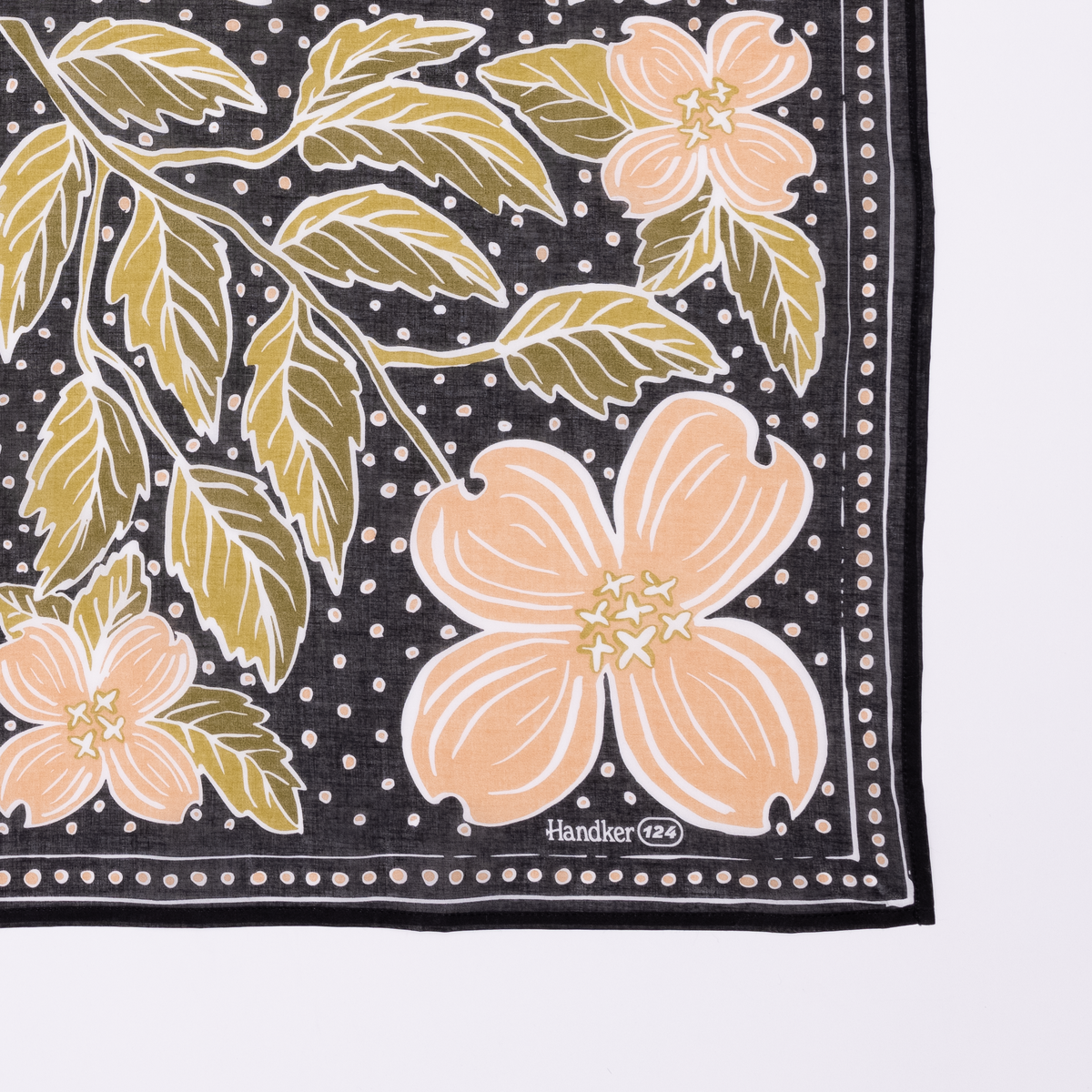Floral patterned handkerchief with peach flowers and green leaves on a black background, featuring the 'Handker 123' brand.