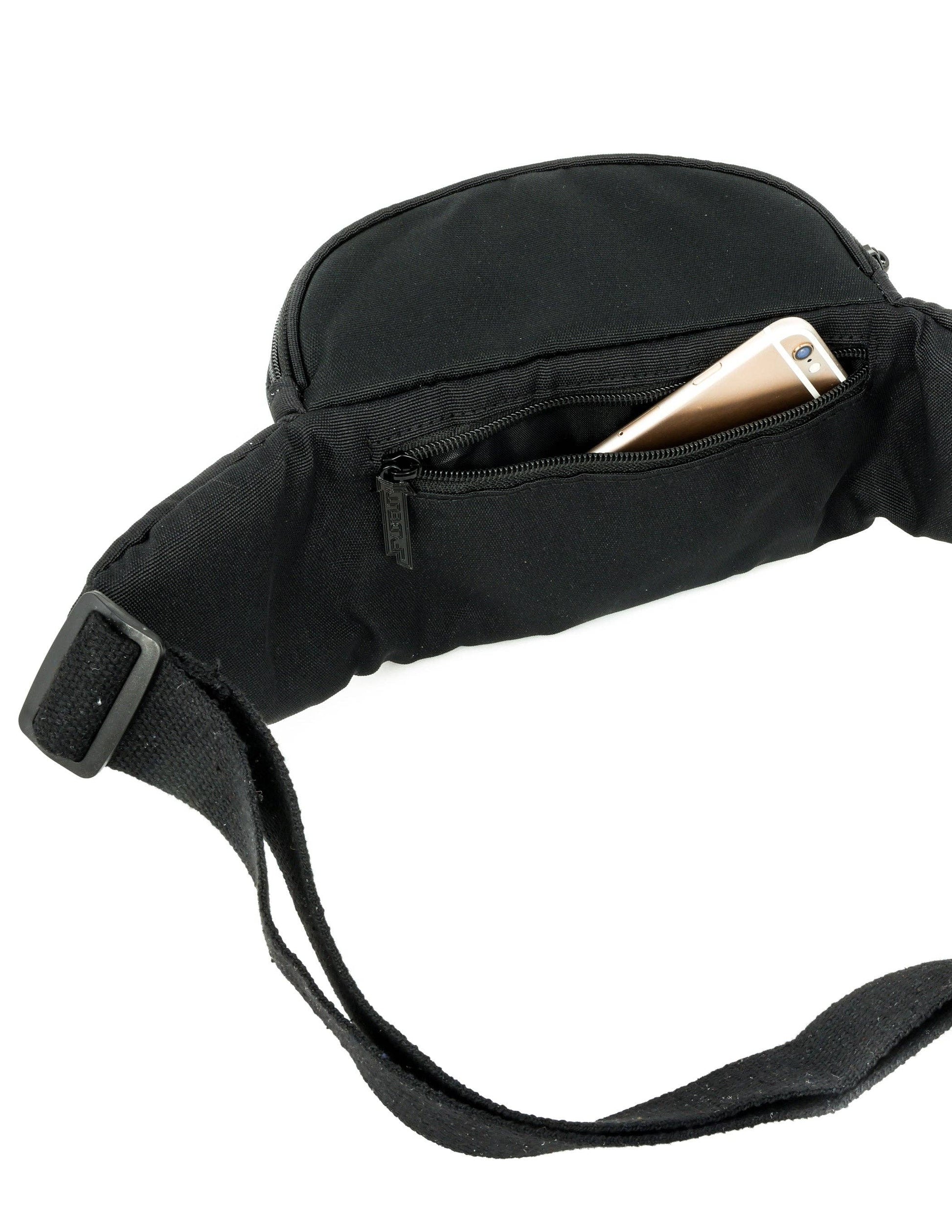 Black waist bag with a phone inside on a white background