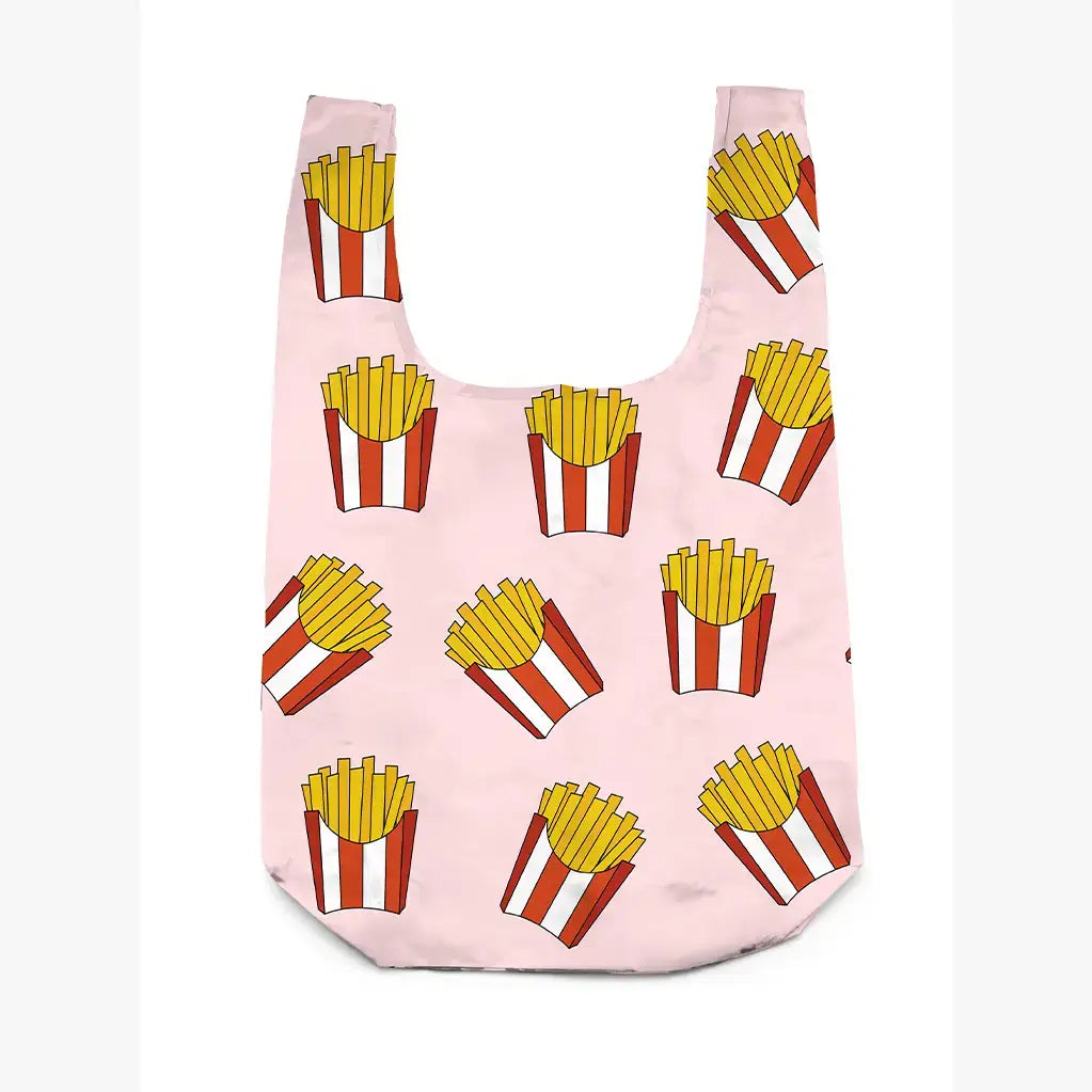 Reusable shopping bag with French fry pattern on a pink background