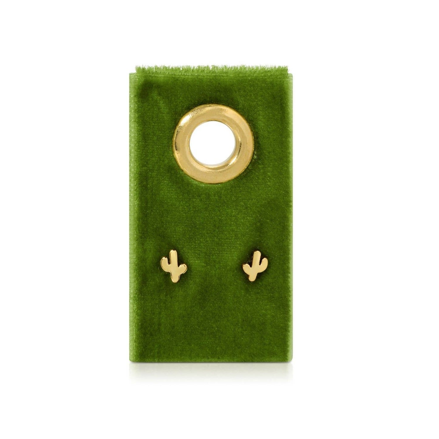 Gold cactus-shaped earrings on a green card with a gold ring.