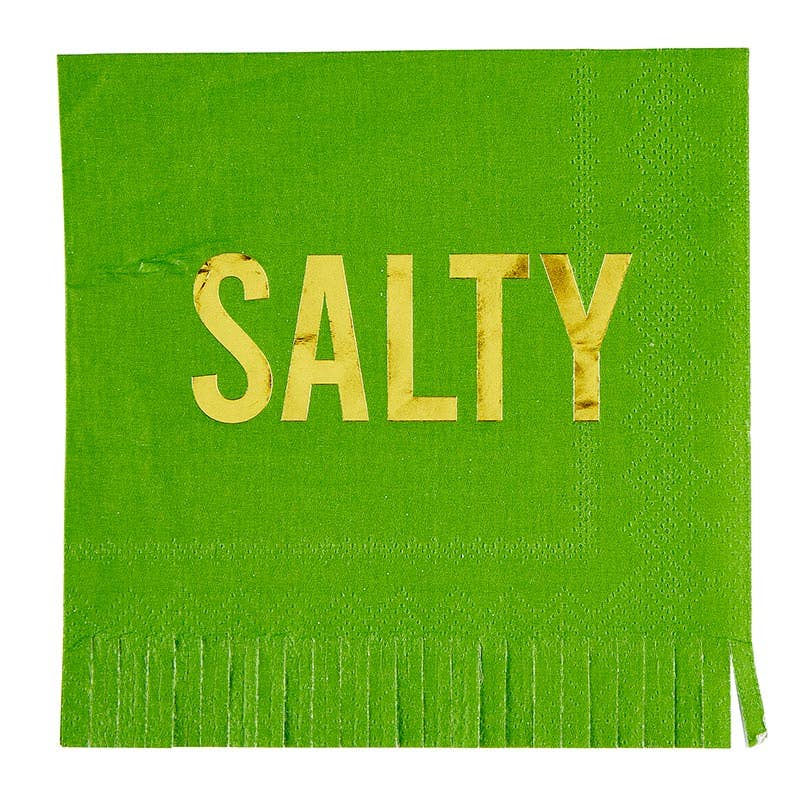 Green napkin with 'SALTY' in gold letters on a white background