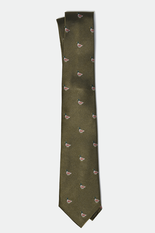 Green tie with bird pattern on a white background