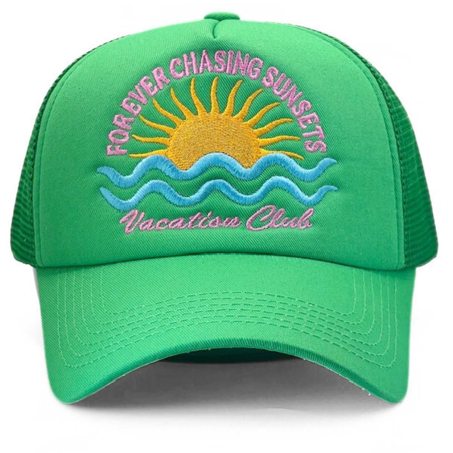 Green cap with embroidered sun and text on a white background