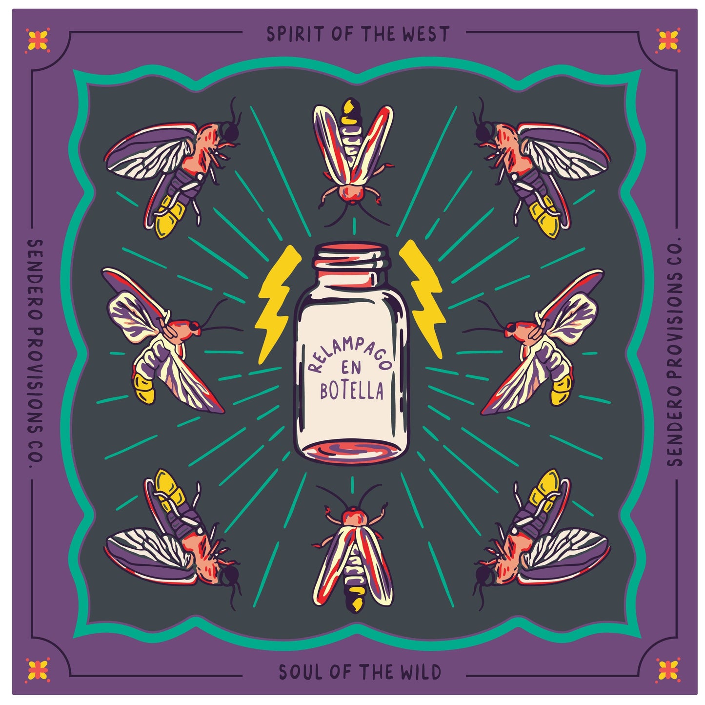 Illustration of a bottle labeled 'Relampago en Botella' surrounded by colorful insects on a purple border with text.