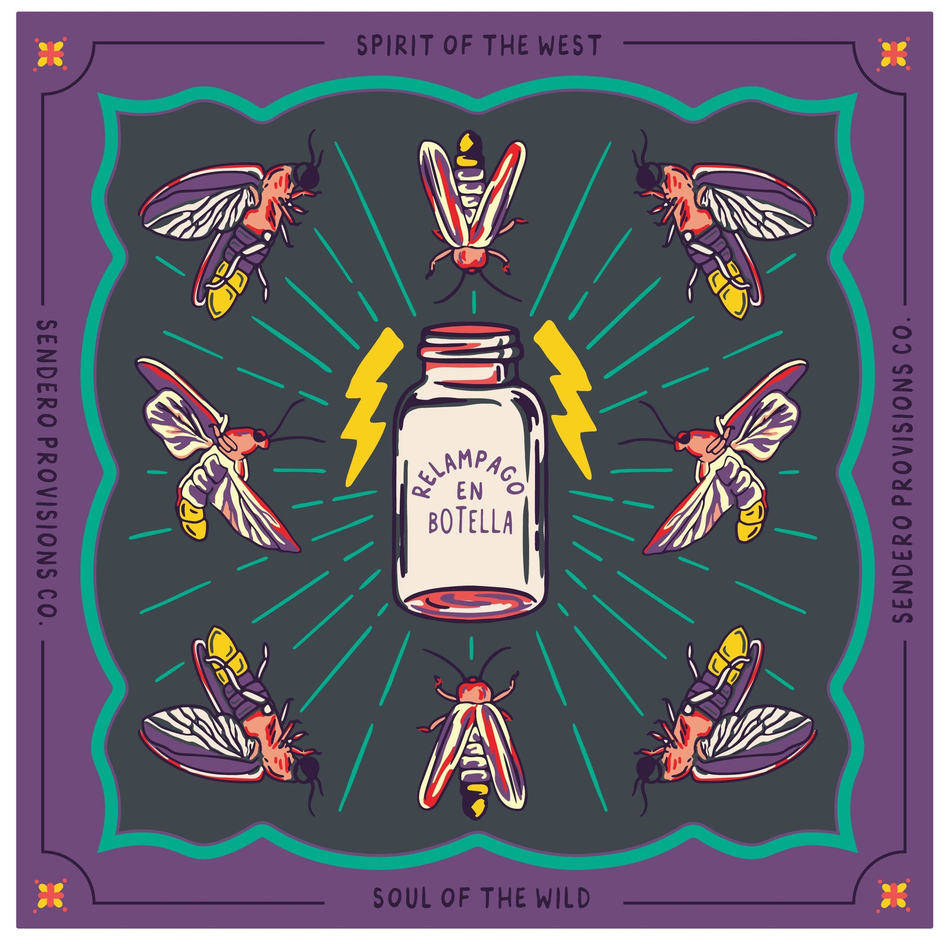 Illustration of a bottle labeled 'Relampago en Botella' surrounded by colorful insects on a purple border with text.