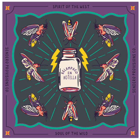 Illustration of a bottle labeled 'Relampago en Botella' surrounded by colorful insects on a purple border with text.