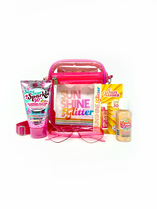 Collection of beach-themed products including a pink bag, sunscreen, sunglasses, and a bottle on a white background.
