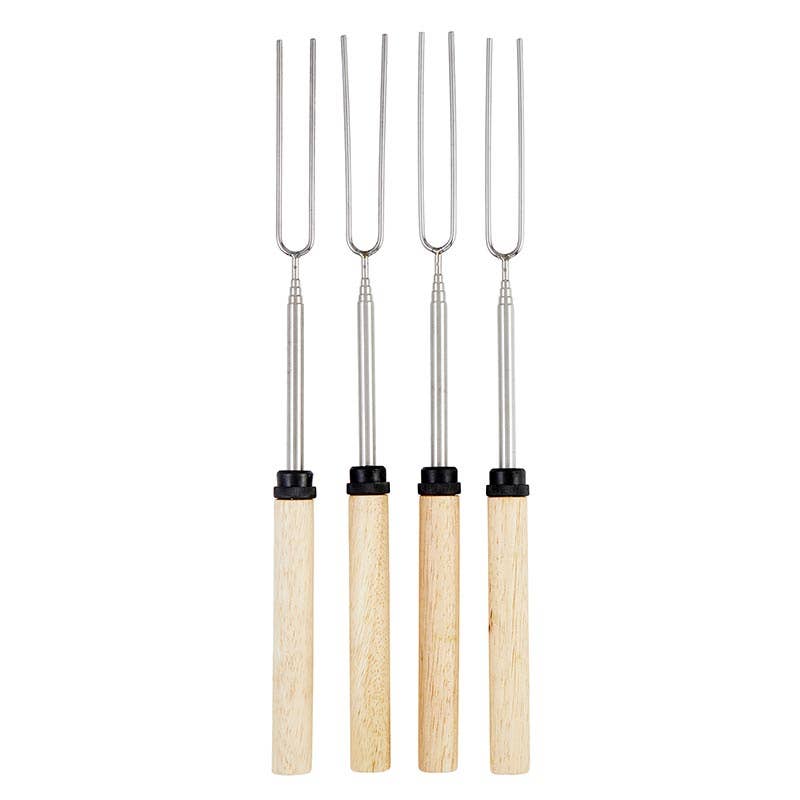 Four metal skewers with wooden handles on a white background