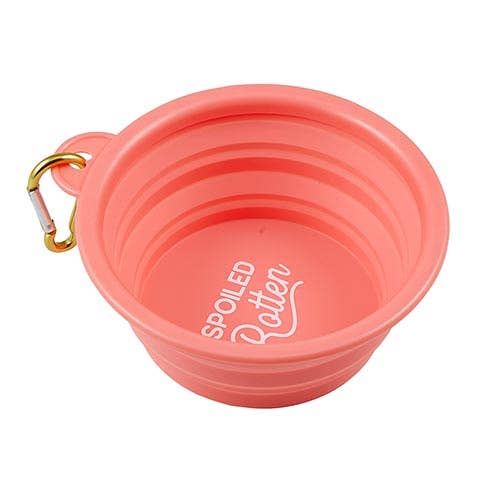 Collapsible pink dog bowl with 'Spoiled Rotten' text and a carabiner on a white background