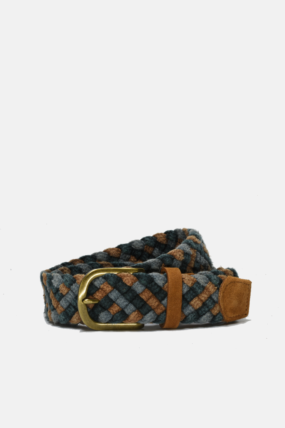 Plaid patterned belt with a gold buckle on a white background