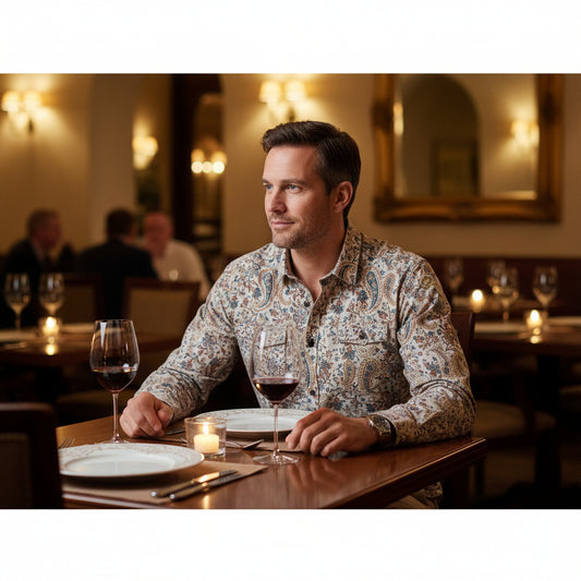 Long sleeve western shirt with paisley print, spread collar, two chest pockets with scalloped button flaps, and western back yoke made from Egyptian cotton.