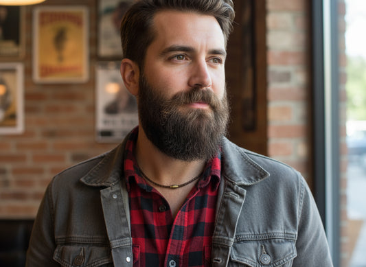 Man with a beard wearing a denim jacket and plaid shirt in front of a brick wall.