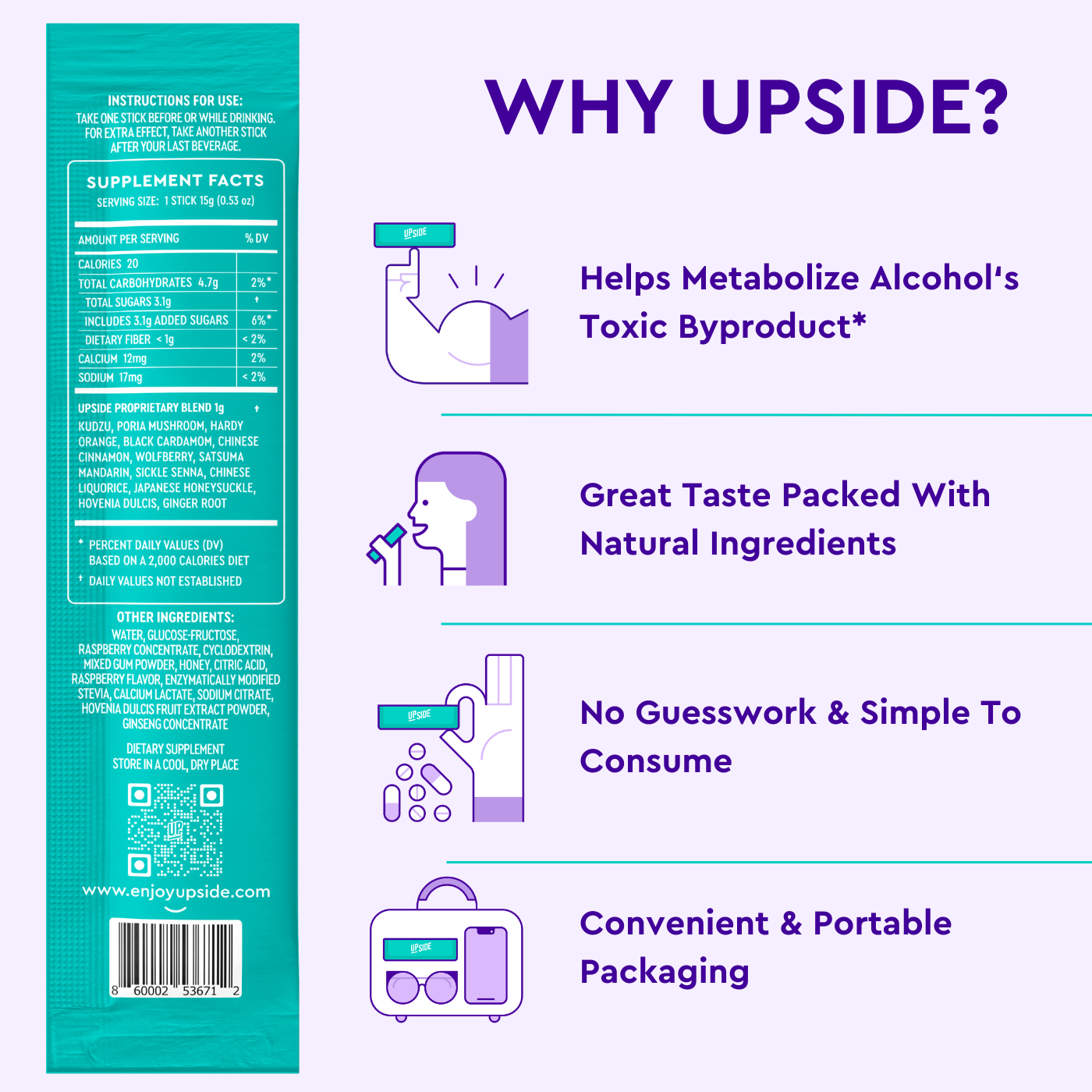 Product packaging with 'Why Upside?' text and features on a purple and teal background