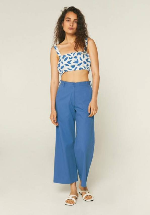 Petal Print Strappy Crop Top - White/Blue