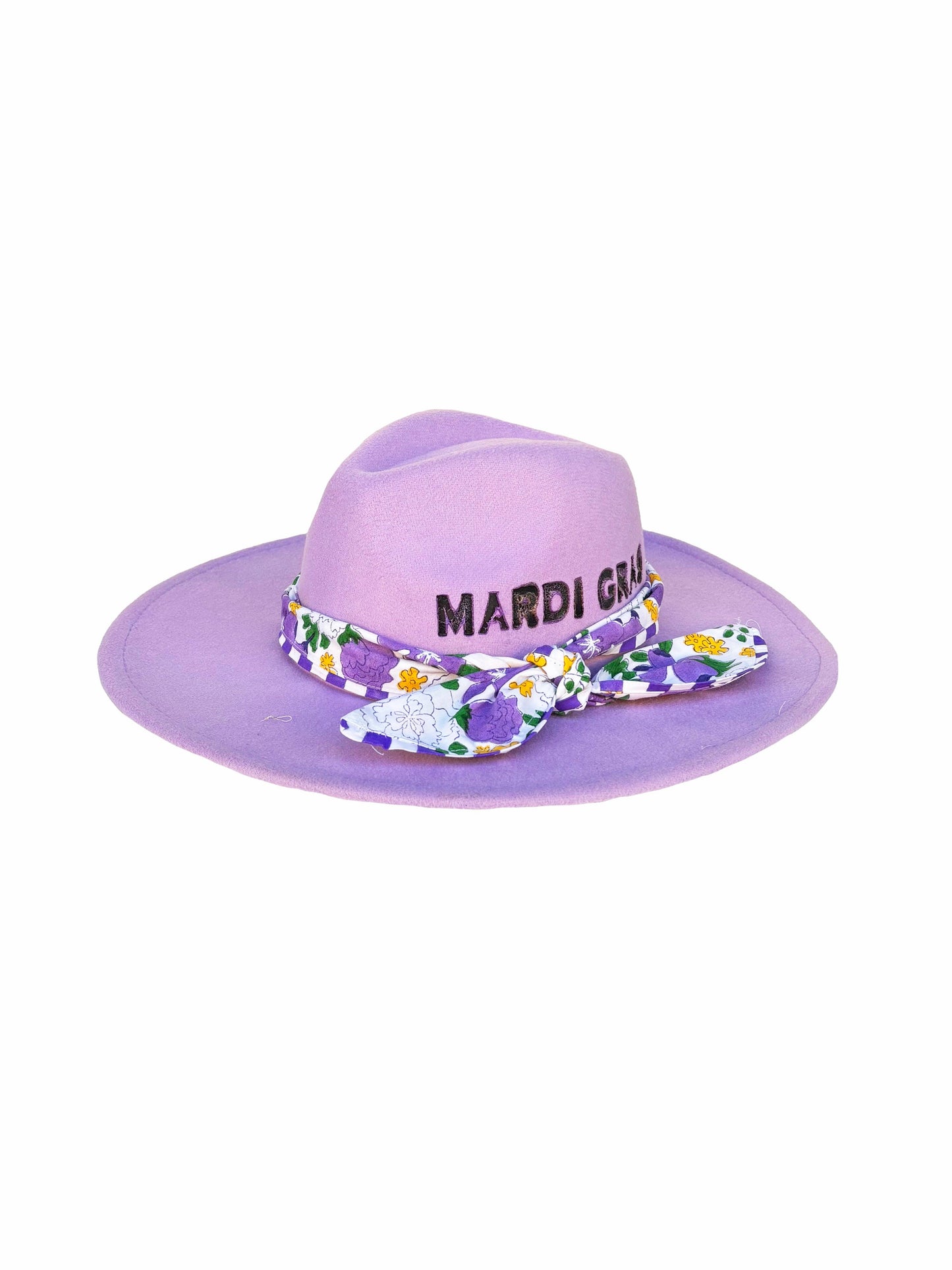 Purple sun hat with floral band and 'Mardi Gras' text on a white background