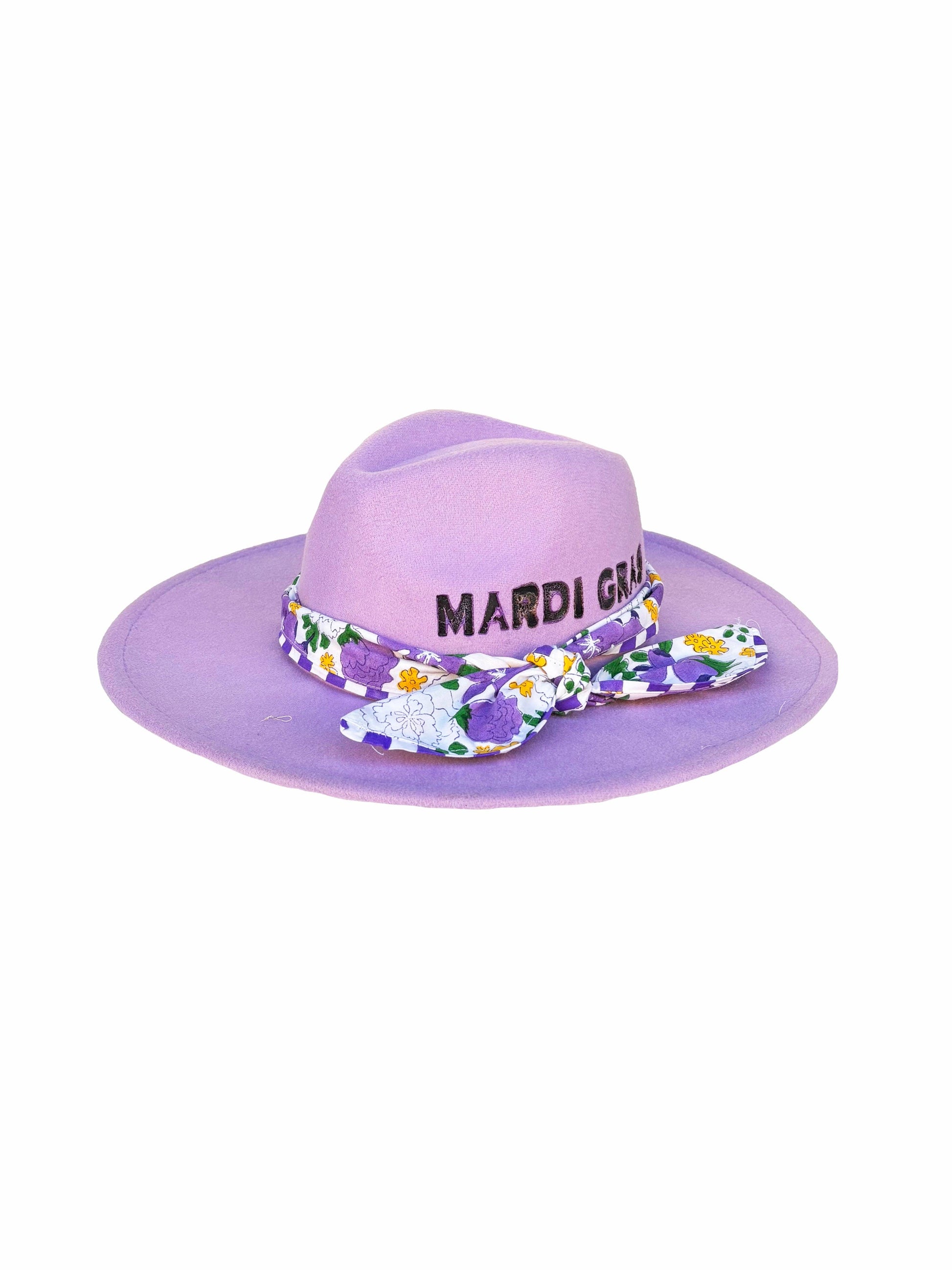 Purple sun hat with floral band and 'Mardi Gras' text on a white background