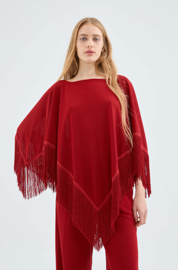 Fringed Poncho - Red