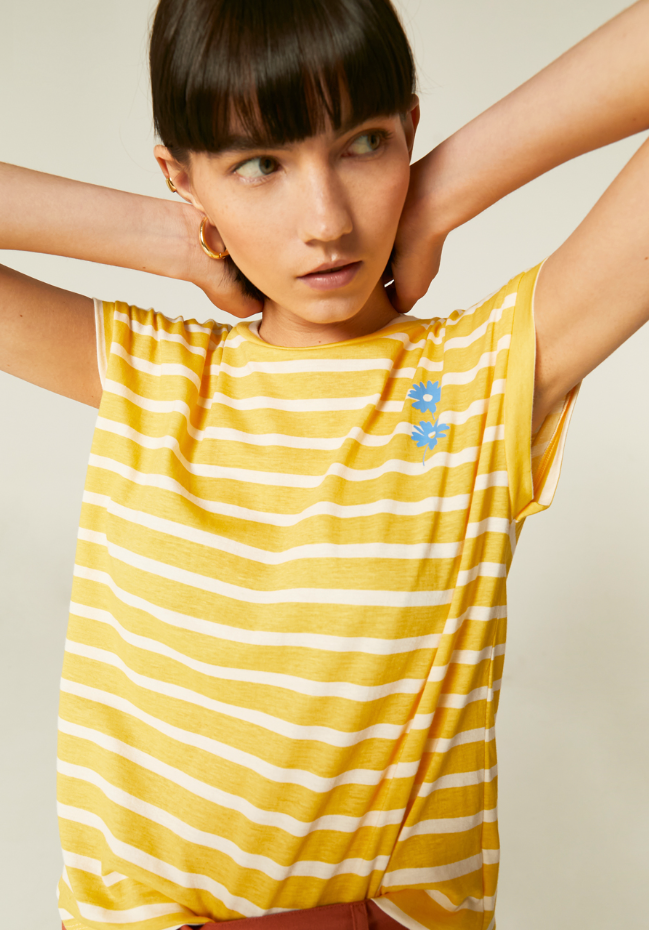 Striped Cap Sleeve T-shirt - Yellow/White