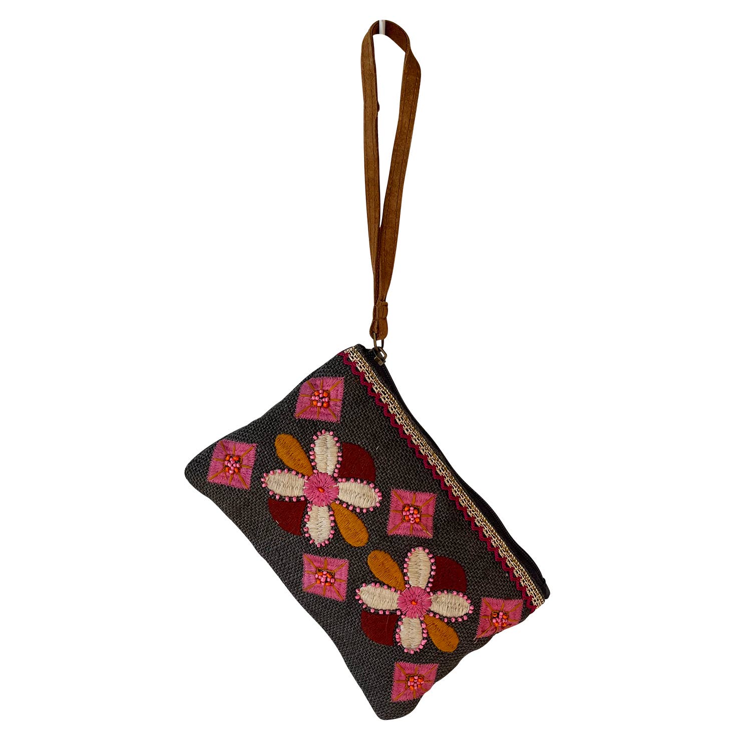 Embroidered pouch with floral patterns on a white background