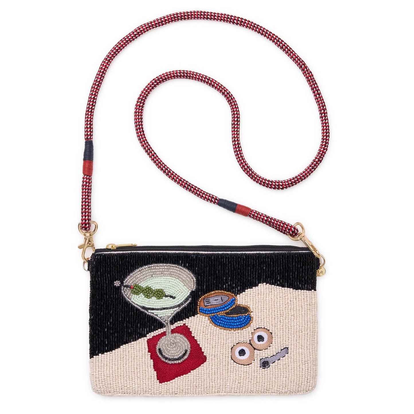 A beaded shoulder bag with a geometric black and beige design, featuring embroidered cocktail and food motifs, a red-and-white beaded strap, and gold-tone hardware, shown on a plain white background.