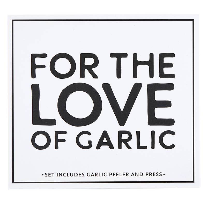 Text 'For the Love of Garlic' with a set description on a white background