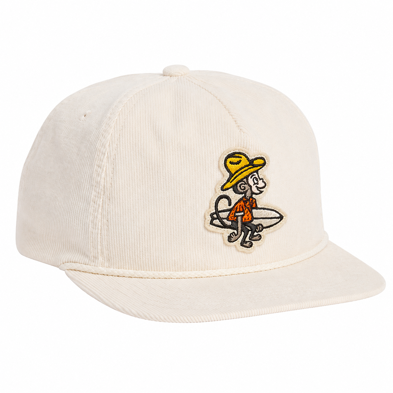 Beige cap with a cartoon character patch on a white background