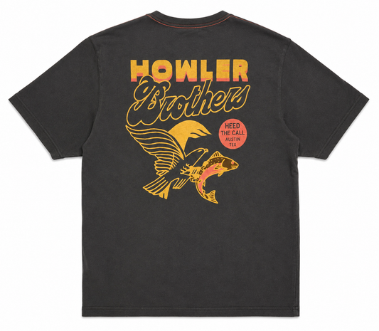 Black t-shirt with 'Howler Brothers' logo and fish design on a white background