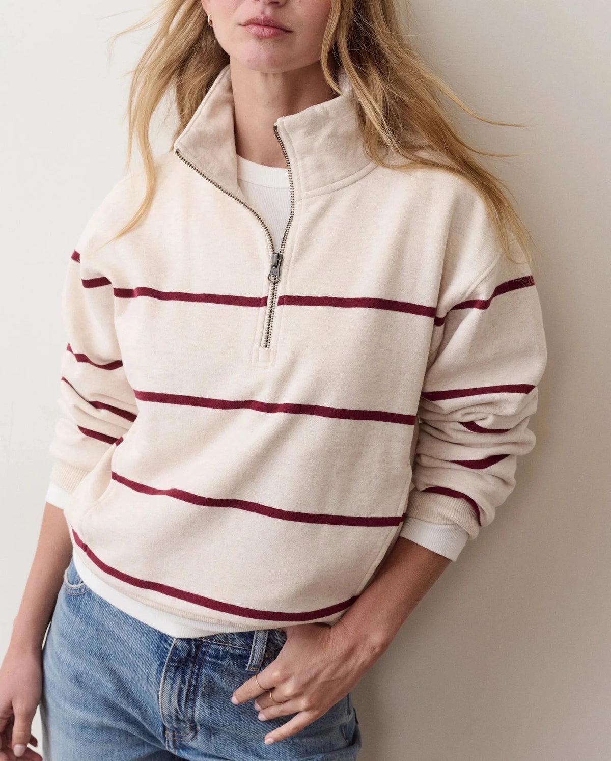 Oatmeal & Cabernet Stripe Cloud 9 Fleece Half Zip