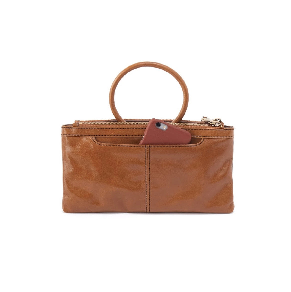 A brown leather handbag with a top handle, a zippered main compartment, and a front slip pocket holding a brown phone case, shown against a plain white background.