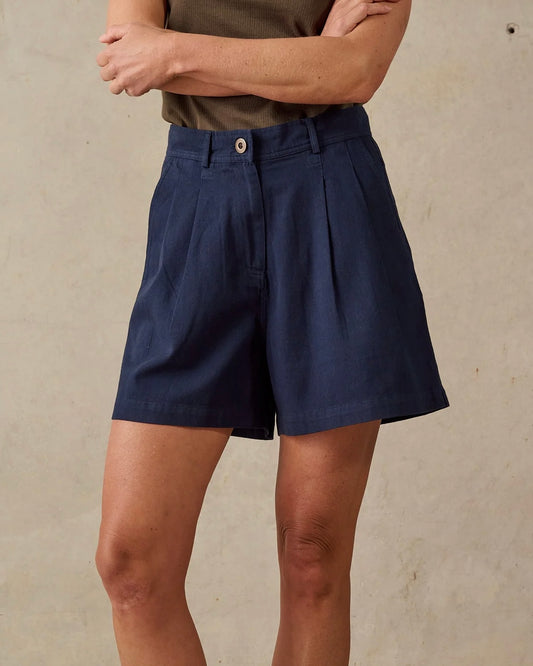 Dark Blue Double Pleated Twill Shorts