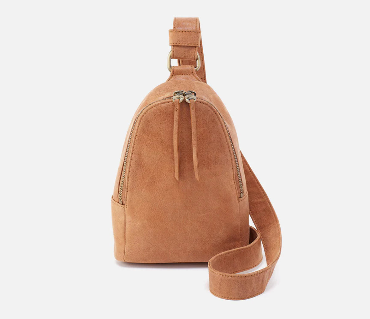 Brown suede sling bag on a white background