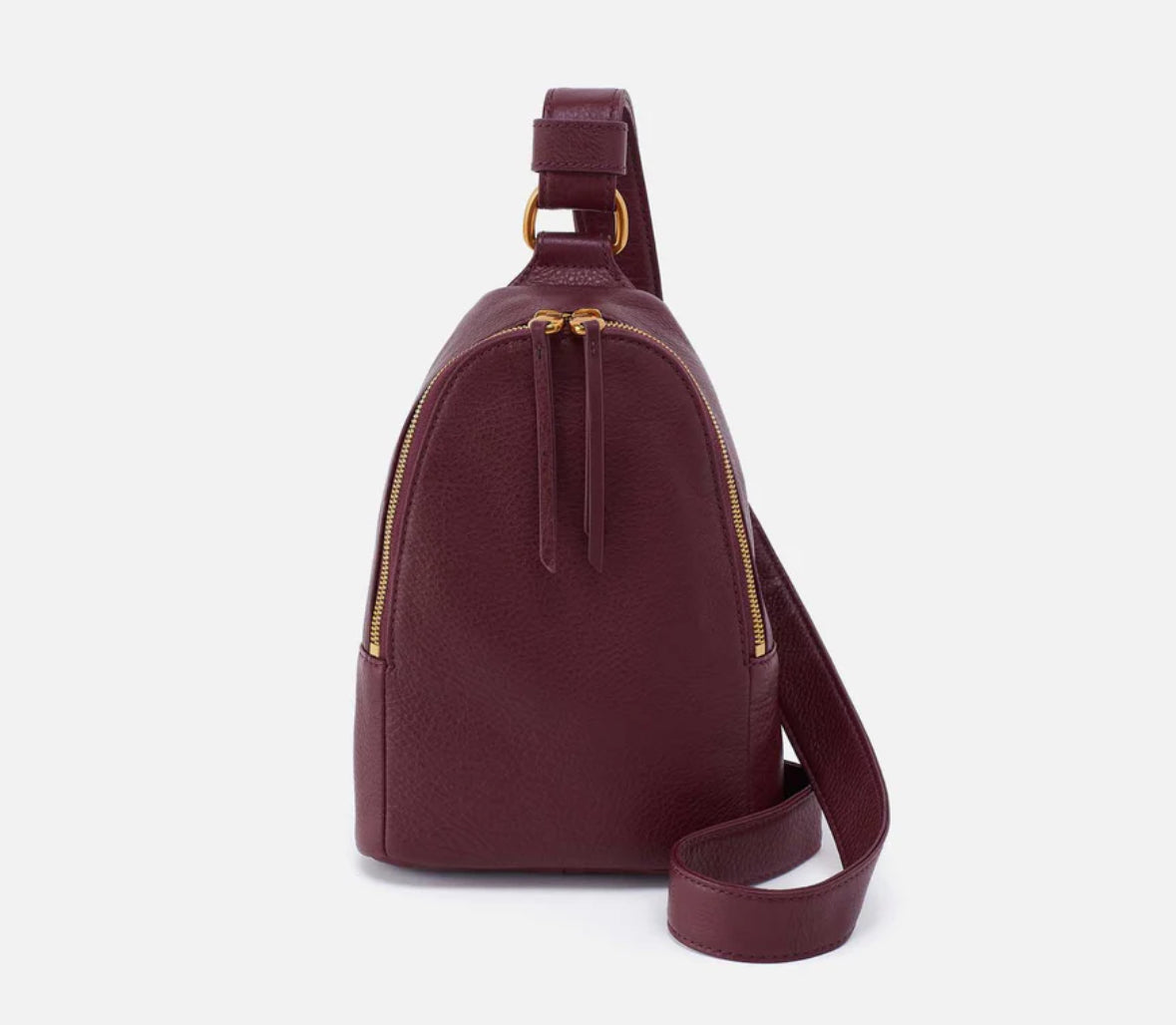 Maroon leather backpack with gold zipper on a white background