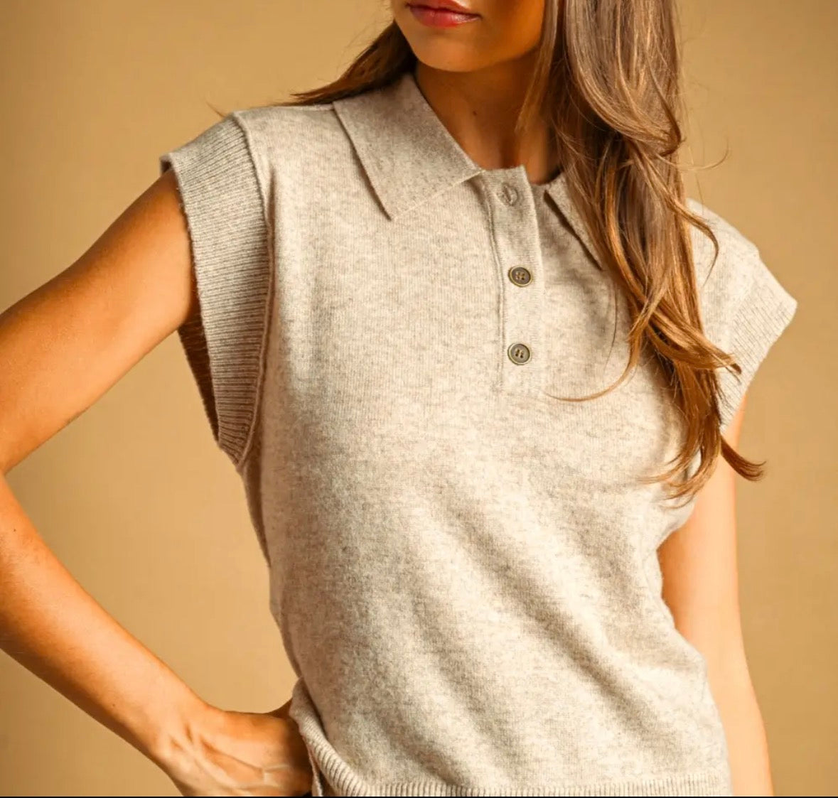 A woman wearing a dark gray sleeveless knit polo vest, posing against a solid warm brown studio background.